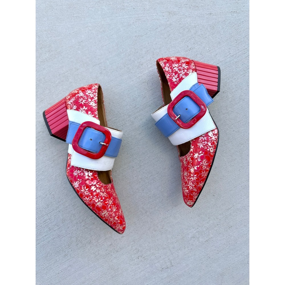 John Fluevog Effortless Felicity Floral Buckle Pumps Red White Block Heels 7.5